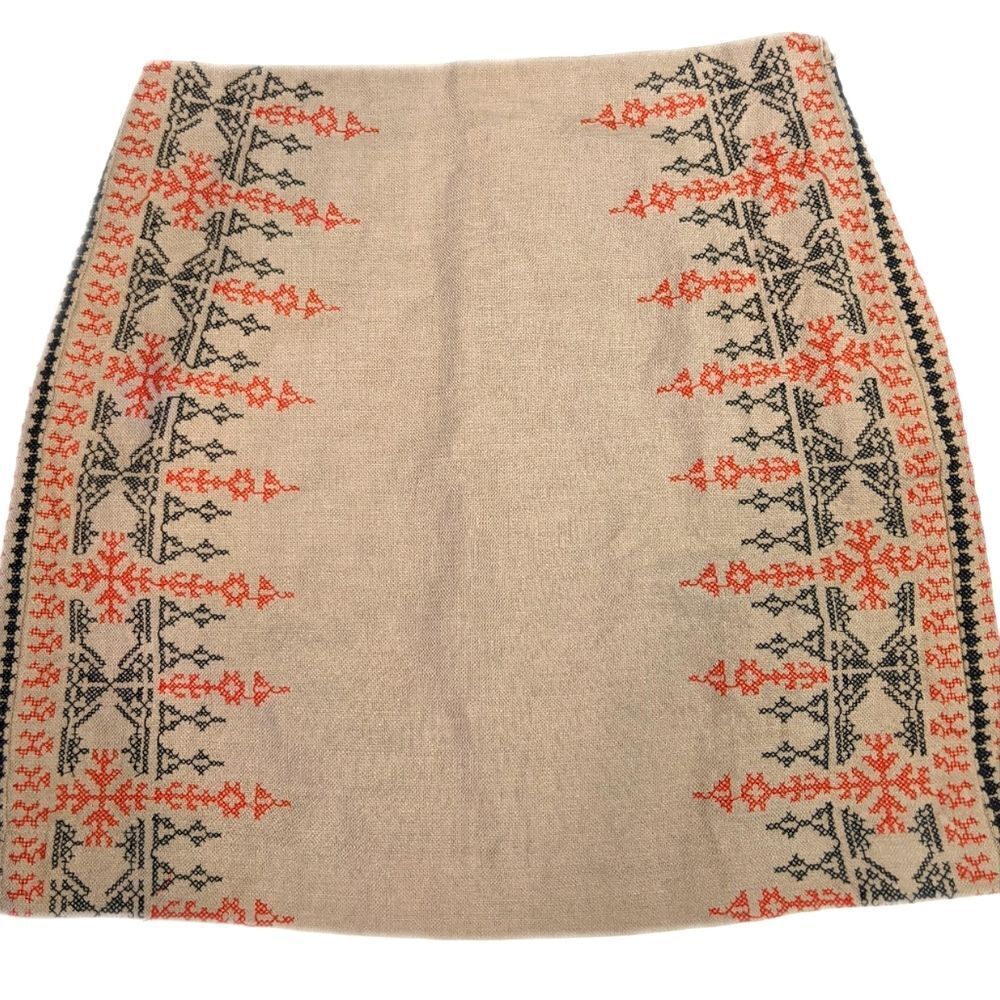 LOFT by Ann Taylor NWT cotton/linen skirt, tan w/ black & red embroidery 4